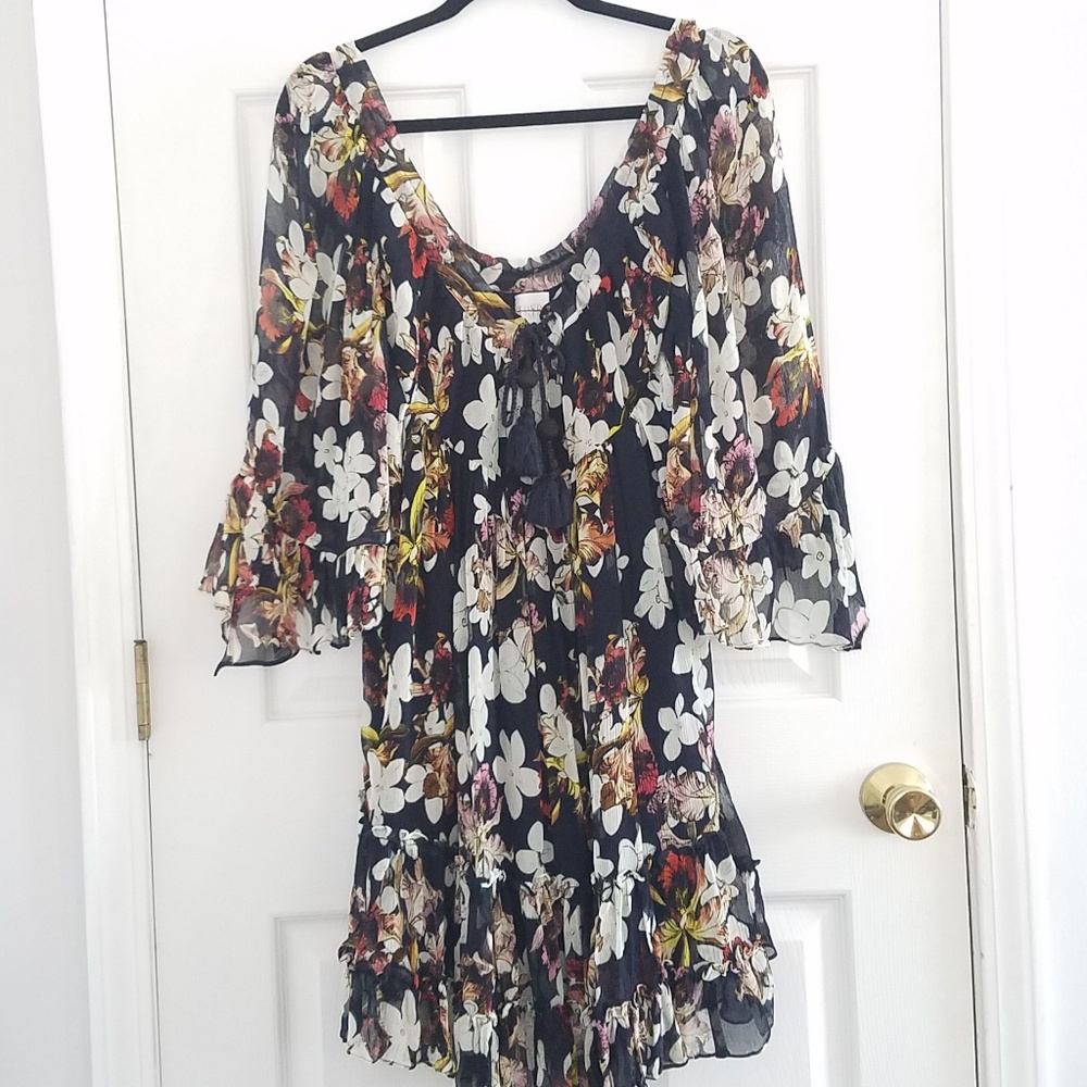 FRY B Silk Navy Boho Floral Ruffle Dress Euc